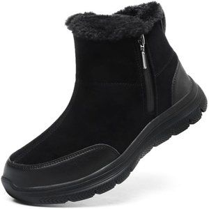 Snow Boots Fur Lined Winter Ankle Boots Women Zipper Walking Warm Bootie-Black